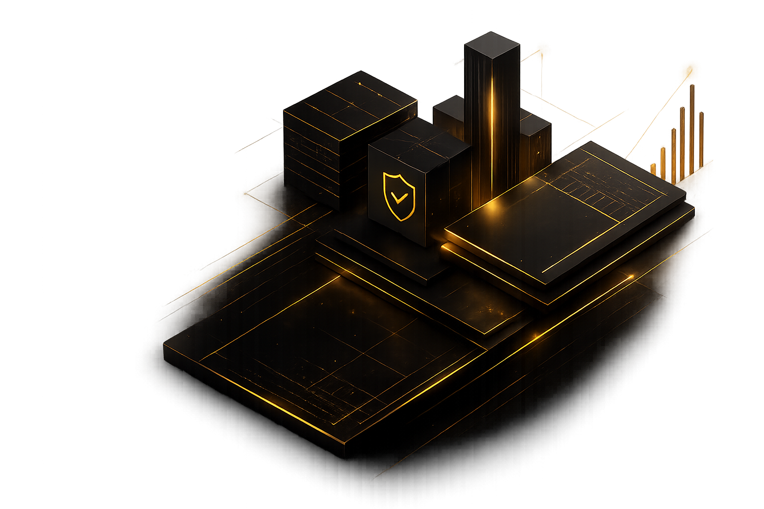 Abstract isometric financial infrastructure with secure gold-lit architecture
