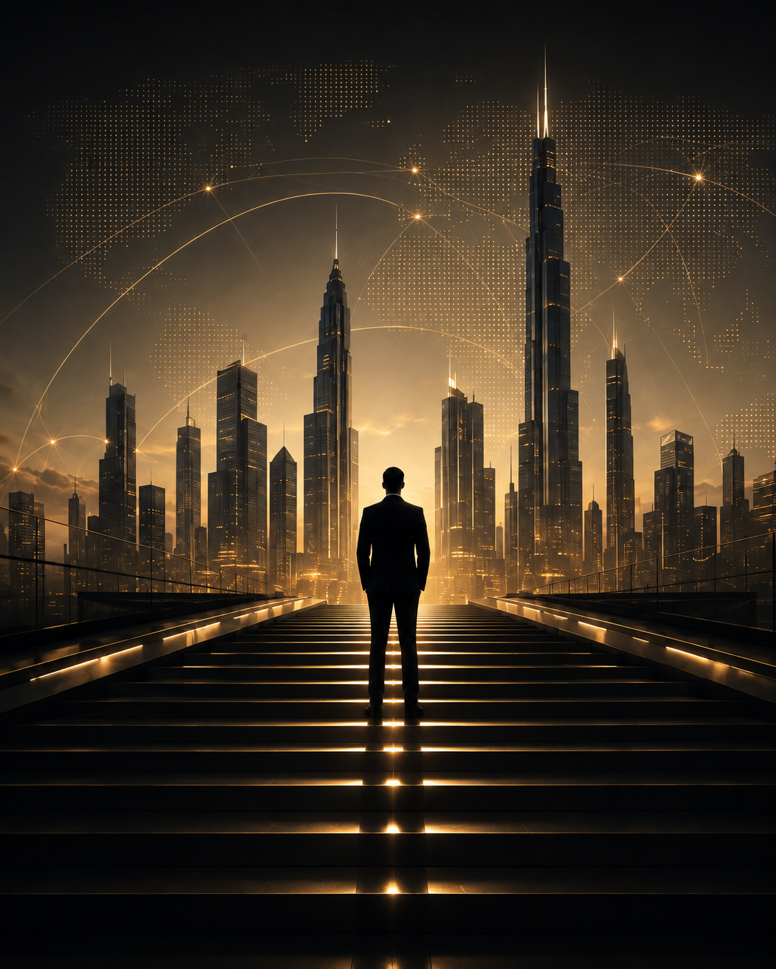 Figure overlooking a futuristic financial city skyline from illuminated stairs